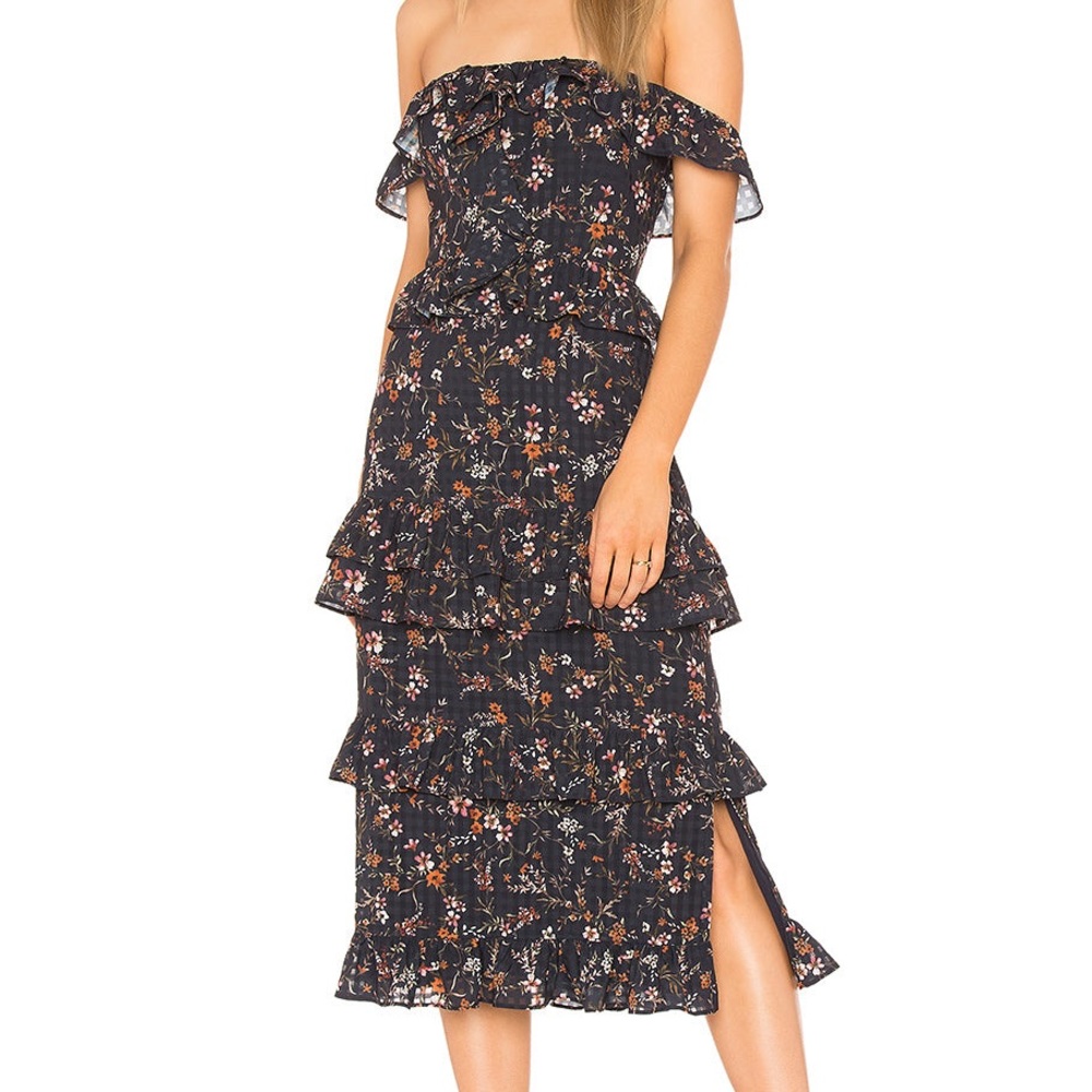 Tularosa x REVOLVE Lily Floral gingham MIDI Ruffle Tiered Off Shoulder Dress XXS
